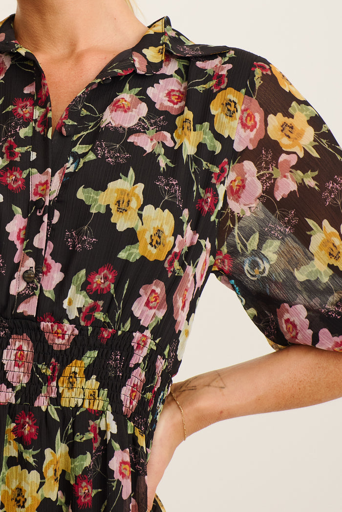 Brittney Midi Dress in Black Multi Floral Chiffon detail