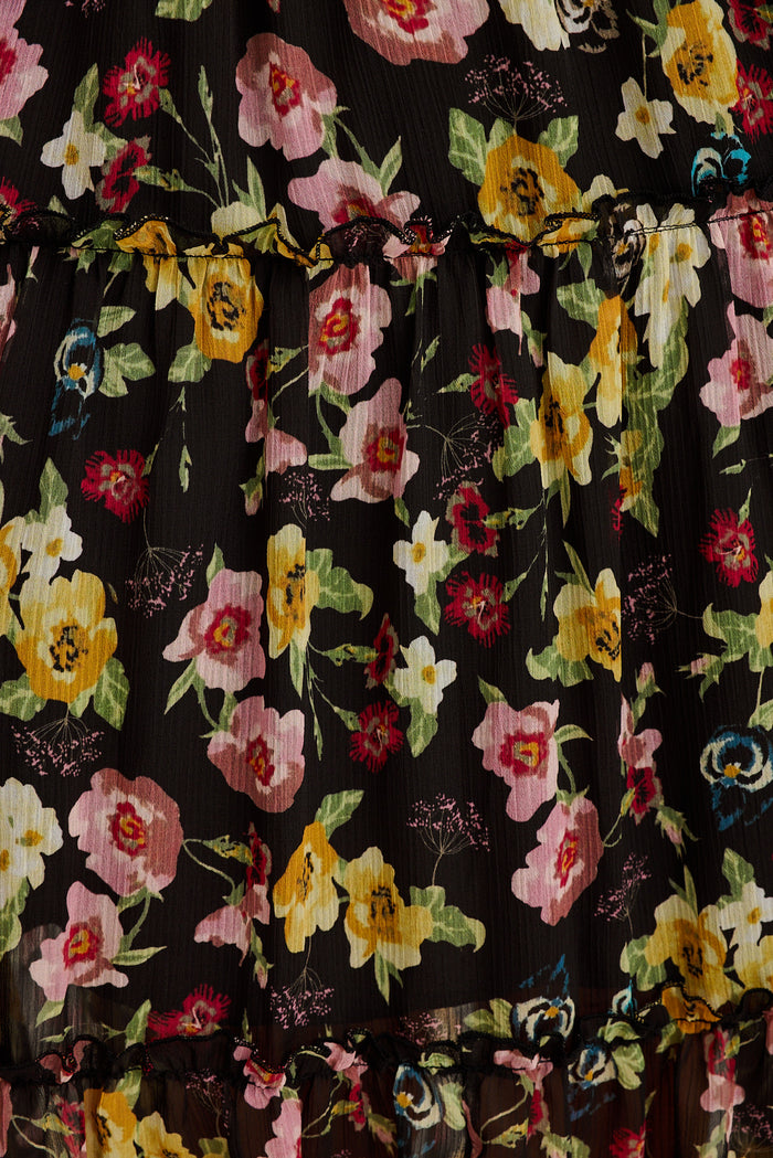 Brittney Midi Dress in Black Multi Floral Chiffon fabric