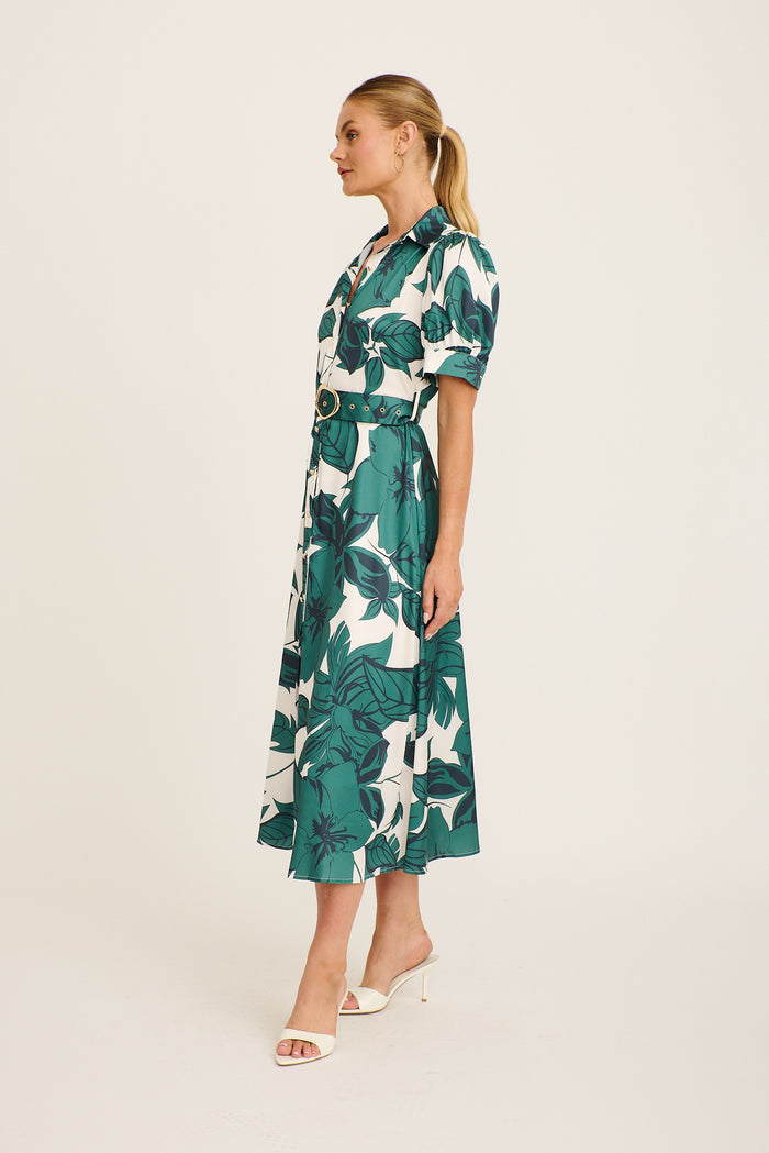 Trinity Maxi Shirt Dress in Emerald Floral Satin side
