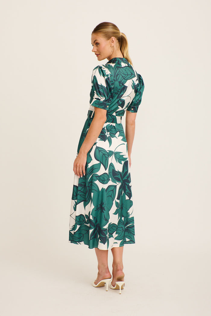 Trinity Maxi Shirt Dress in Emerald Floral Satin back