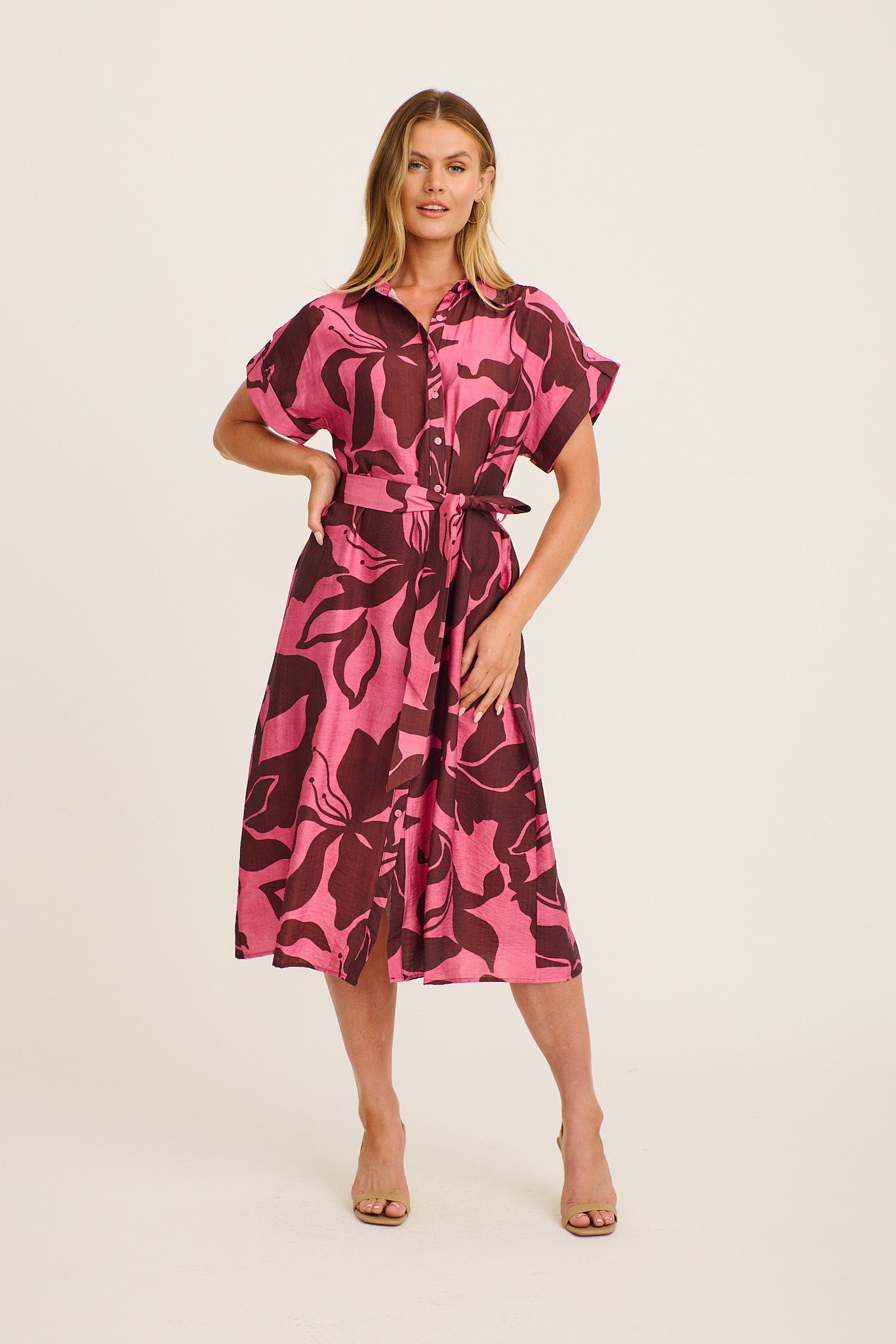 Sweet Talk Midi Shirt Dress in Pink with Multi Floral Print fabric
