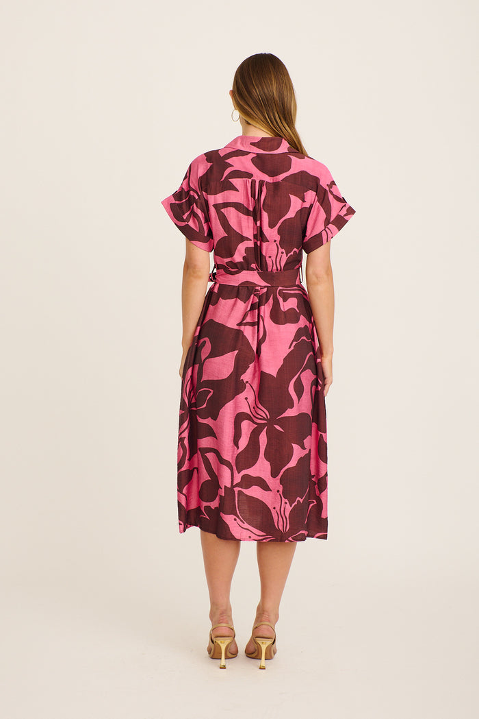 Sweet Talk Midi Shirt Dress in Wine with Pink Print side