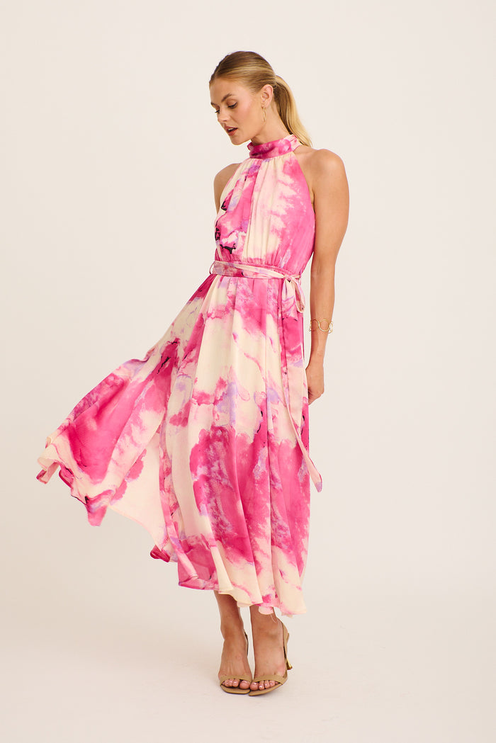 Kiss Me Halter Neck Maxi Dress in Magenta Watercolour Satin full length