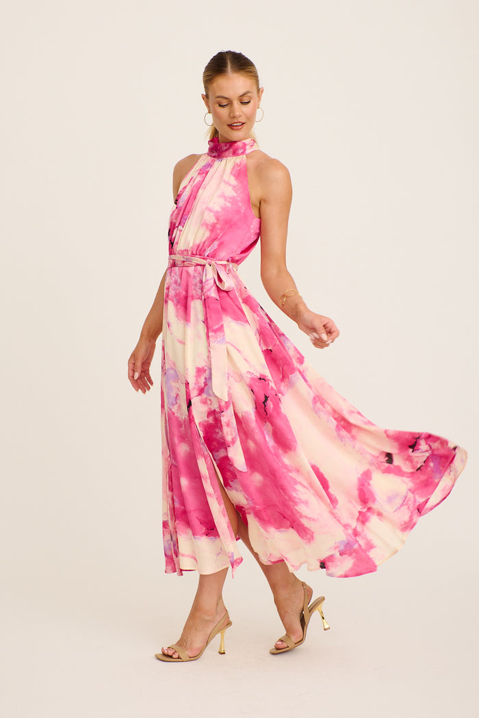 Kiss Me Halter Neck Maxi Dress in Magenta Watercolour Satin side