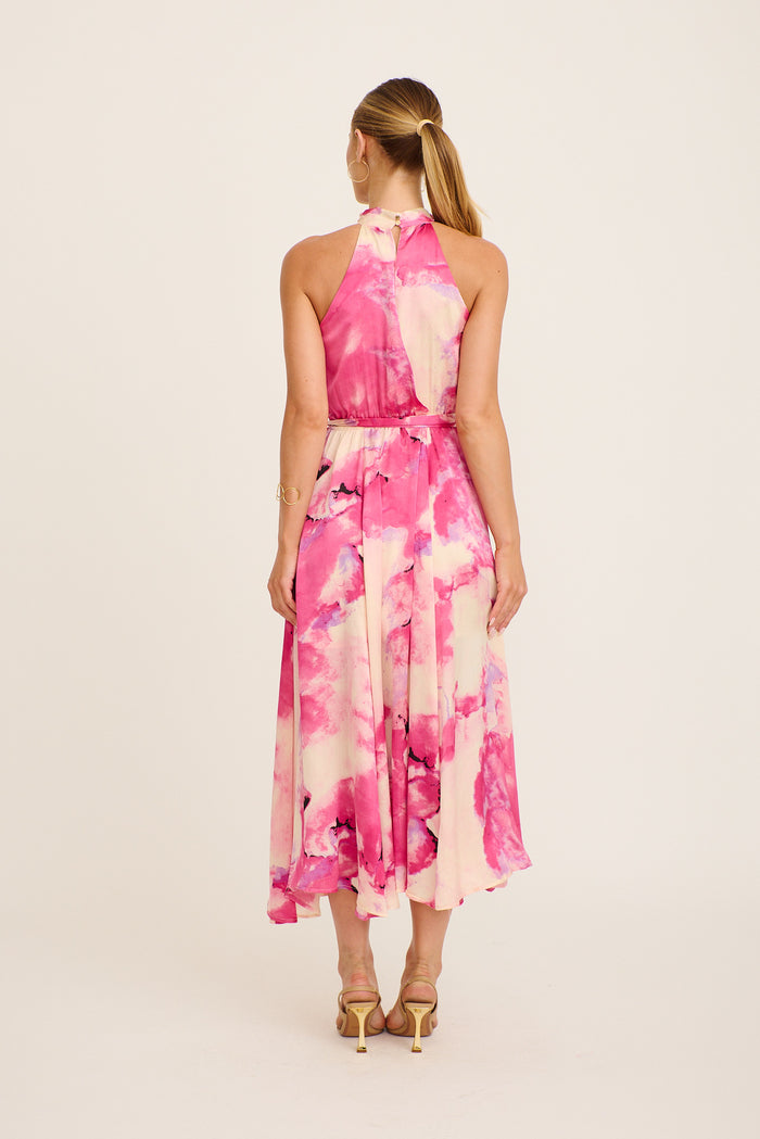 Kiss Me Halter Neck Maxi Dress in Magenta Watercolour Satin back
