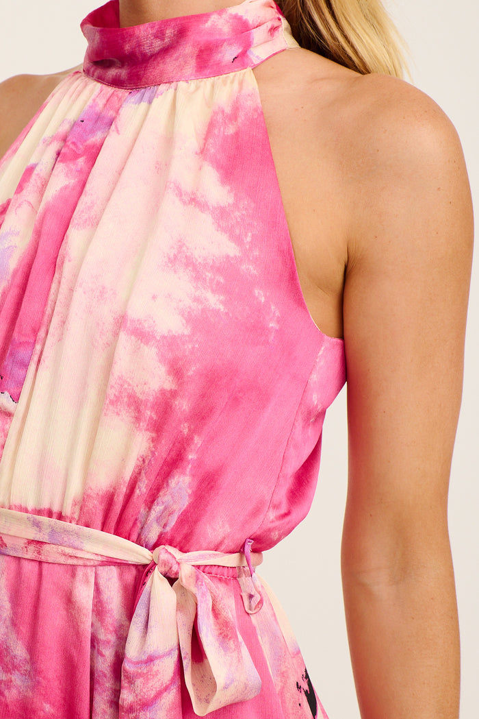 Kiss Me Halter Neck Maxi Dress in Magenta Watercolour Satin detail