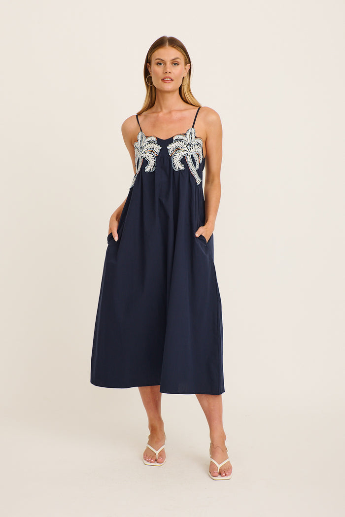 Palmera Midi Sundress in Navy with Palm Tree Embroidery Cotton full length