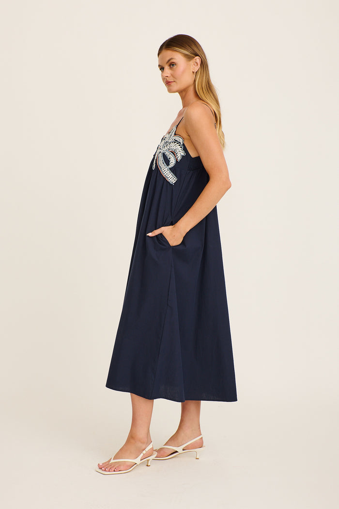 Palmera Midi Sundress in Navy with Palm Tree Embroidery Cotton side