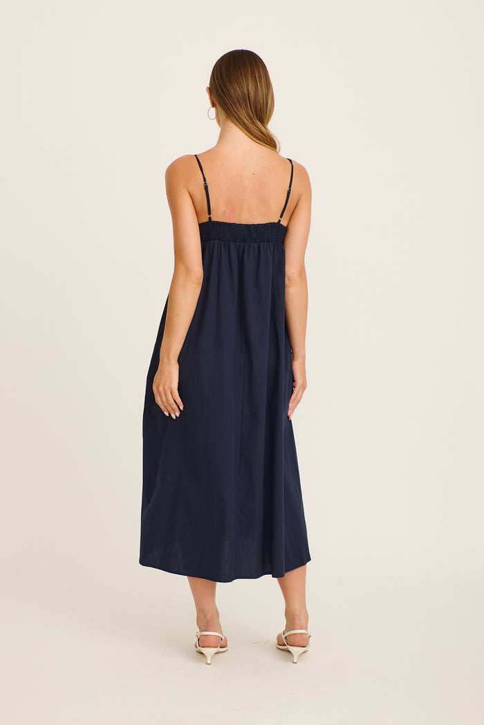 Palmera Midi Sundress in Navy with Palm Tree Embroidery Cotton back