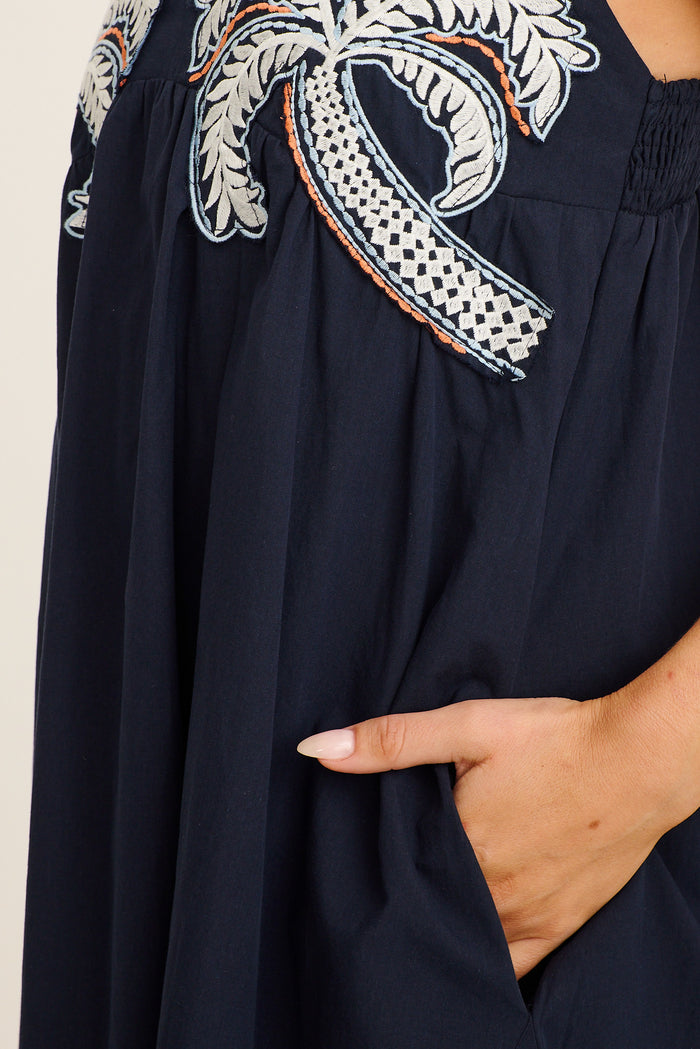 Palmera Midi Sundress in Navy with Palm Tree Embroidery Cotton detail