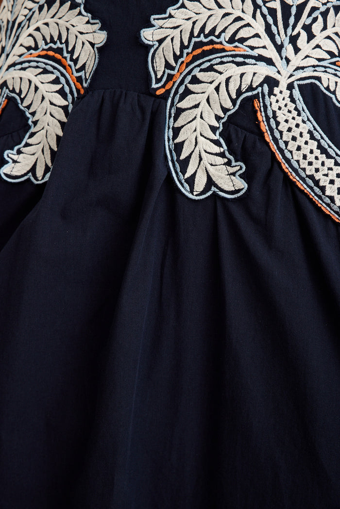 Palmera Midi Sundress in Navy with Palm Tree Embroidery Cotton fabric