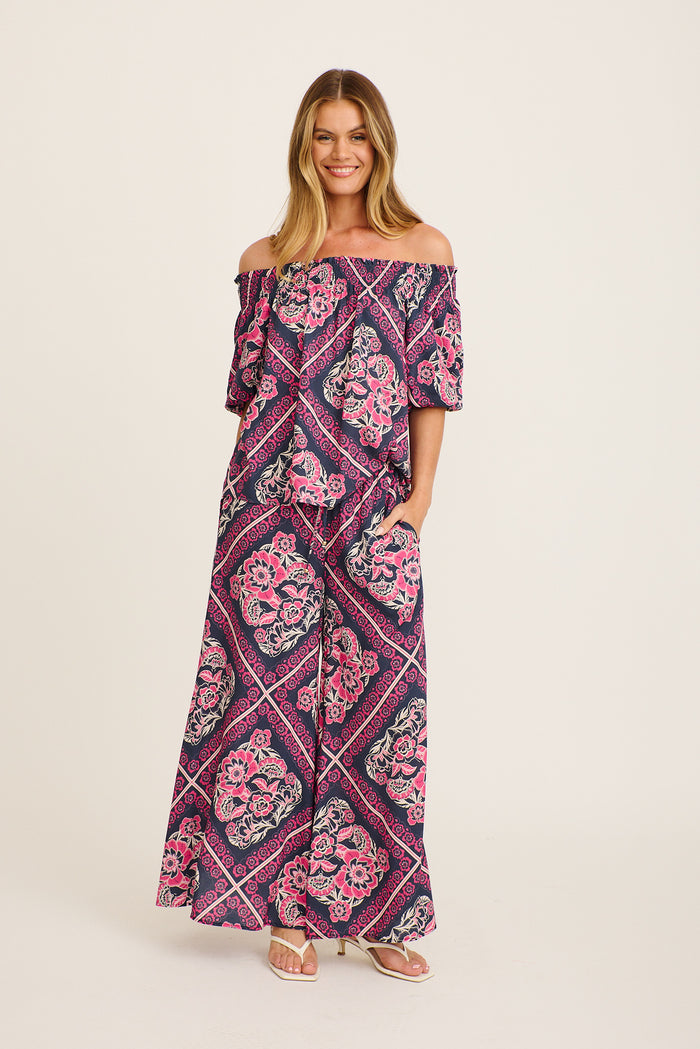 Cambree Pants in Navy with Pink Floral Tiles Print full length set