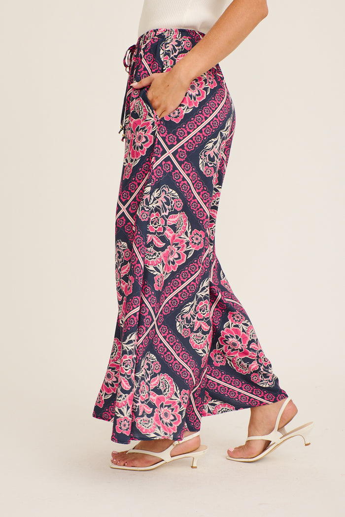 Cambree Pants in Navy with Pink Floral Tiles Print side
