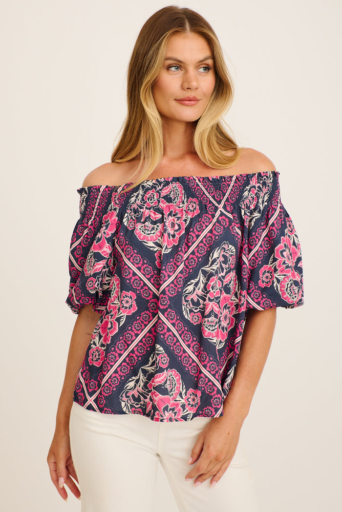 Marina Off Shoulder Top in Navy with Pink Floral Tiles Print front