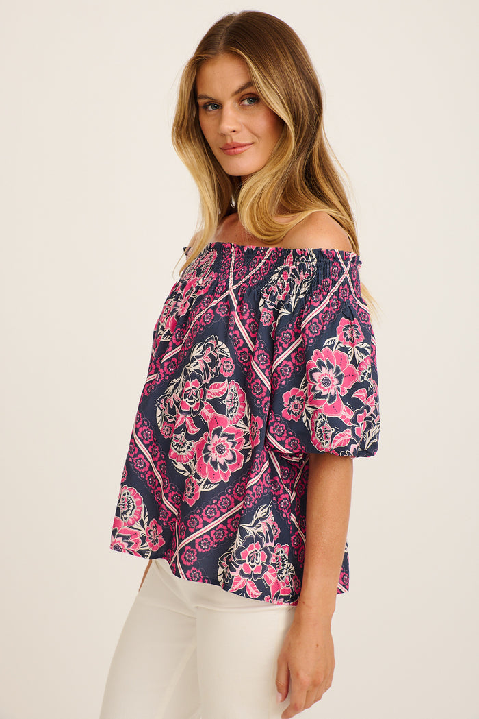 Marina Off Shoulder Top in Navy with Pink Floral Tiles Print side