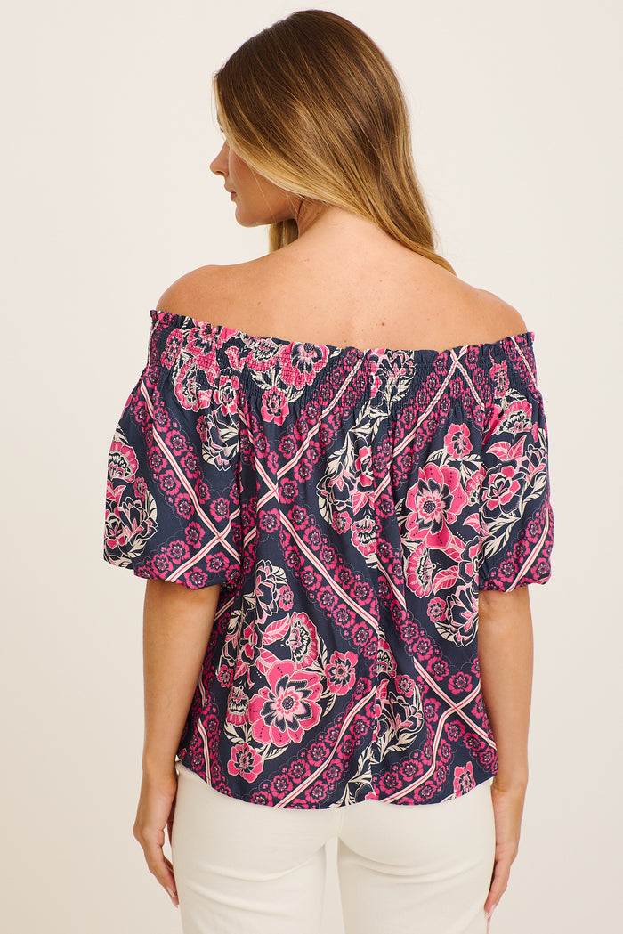 Marina Off Shoulder Top in Navy with Pink Floral Tiles Print back