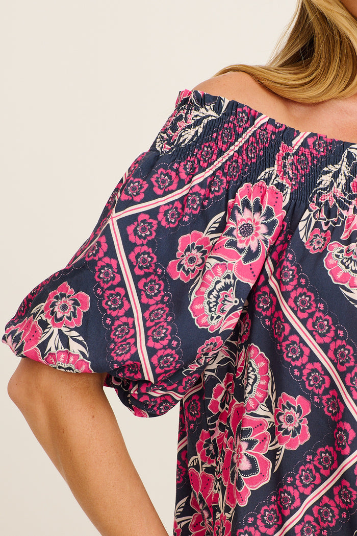 Marina Off Shoulder Top in Navy with Pink Floral Tiles Print detail