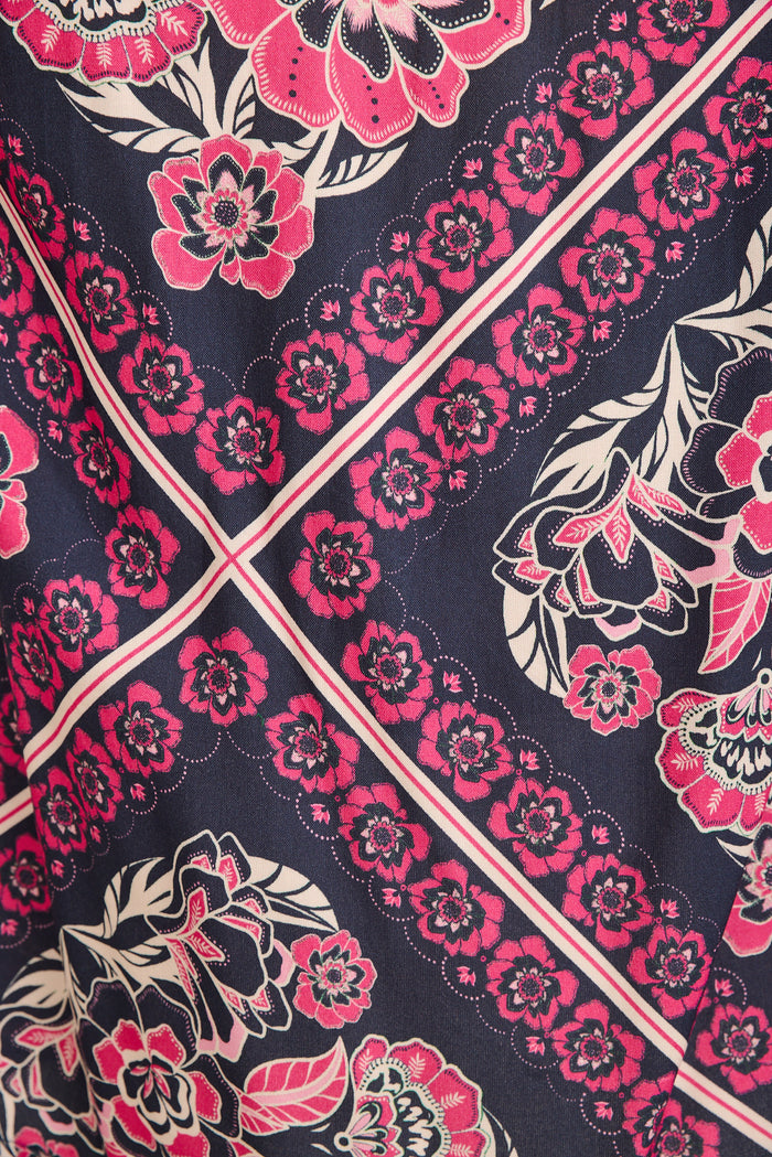 Marina Off Shoulder Top in Navy with Pink Floral Tiles Print fabric