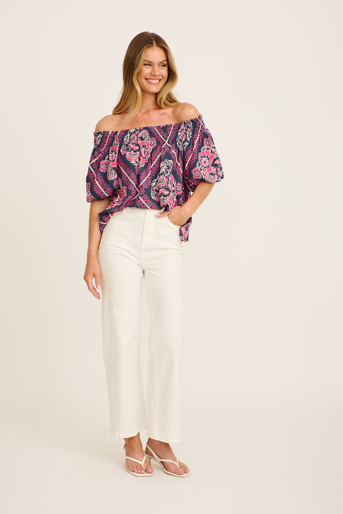 Marina Off Shoulder Top in Navy with Pink Floral Tiles Print full length