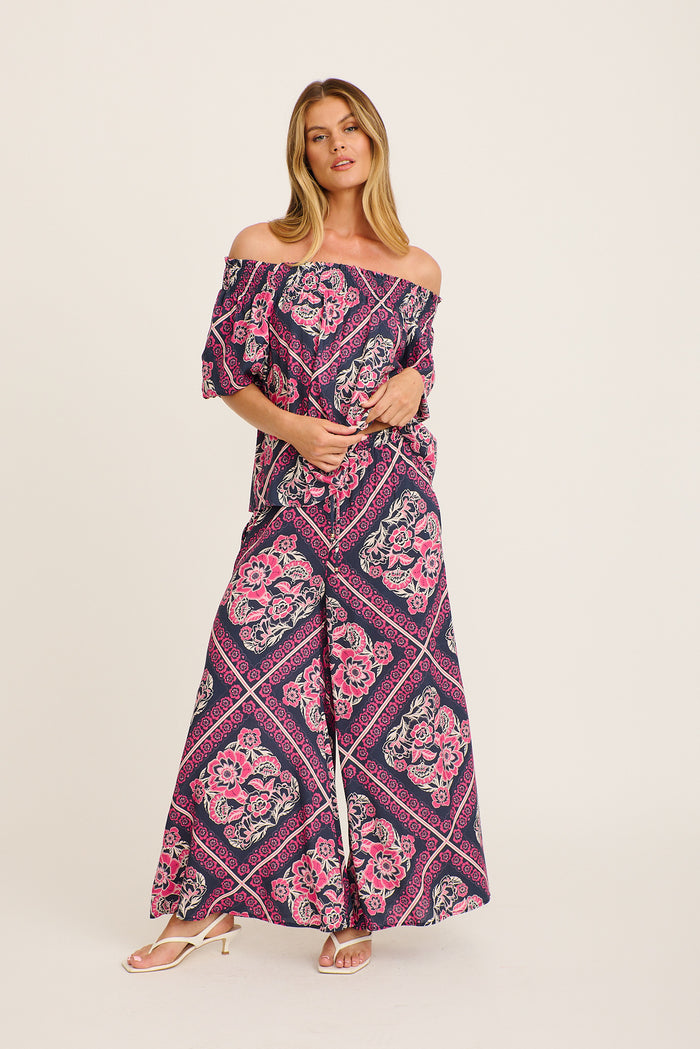 Marina Off Shoulder Top in Navy with Pink Floral Tiles Print full length set