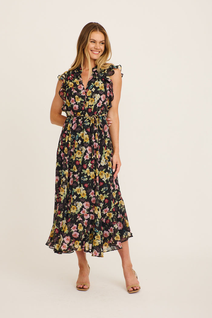 Executive Ease Maxi Dress in Black with Multi Floral Chiffon full length
