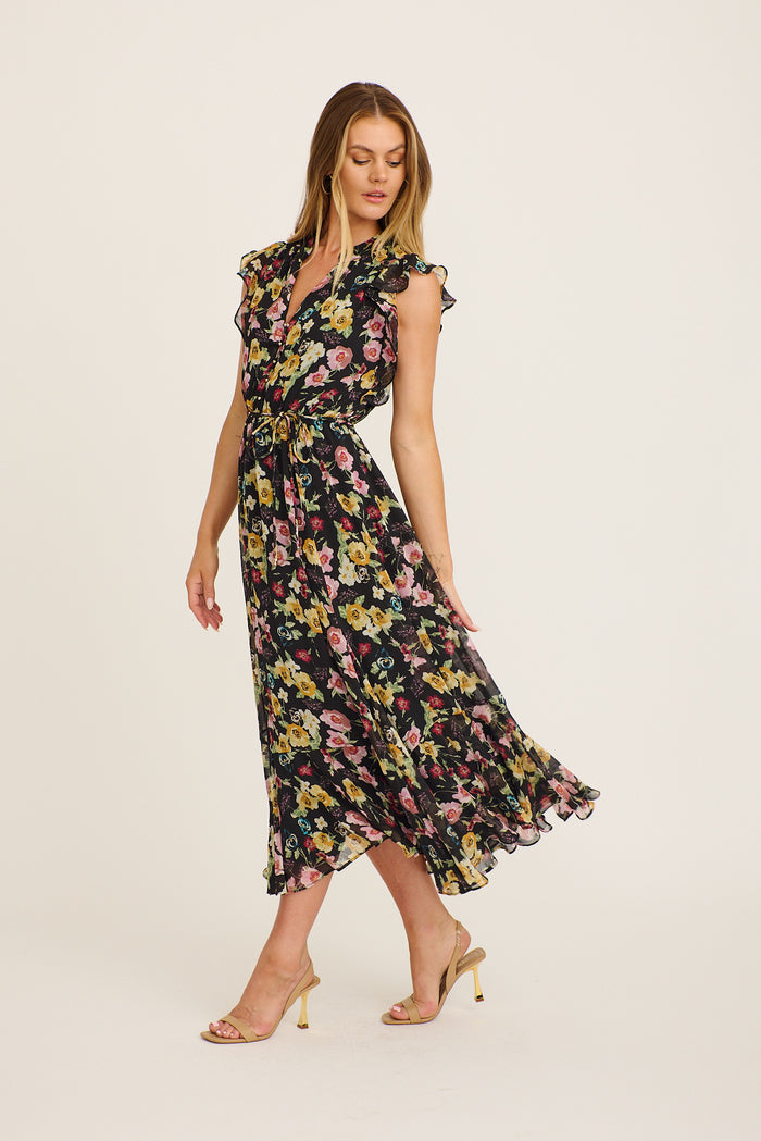 Executive Ease Maxi Dress in Black with Multi Floral Chiffon side