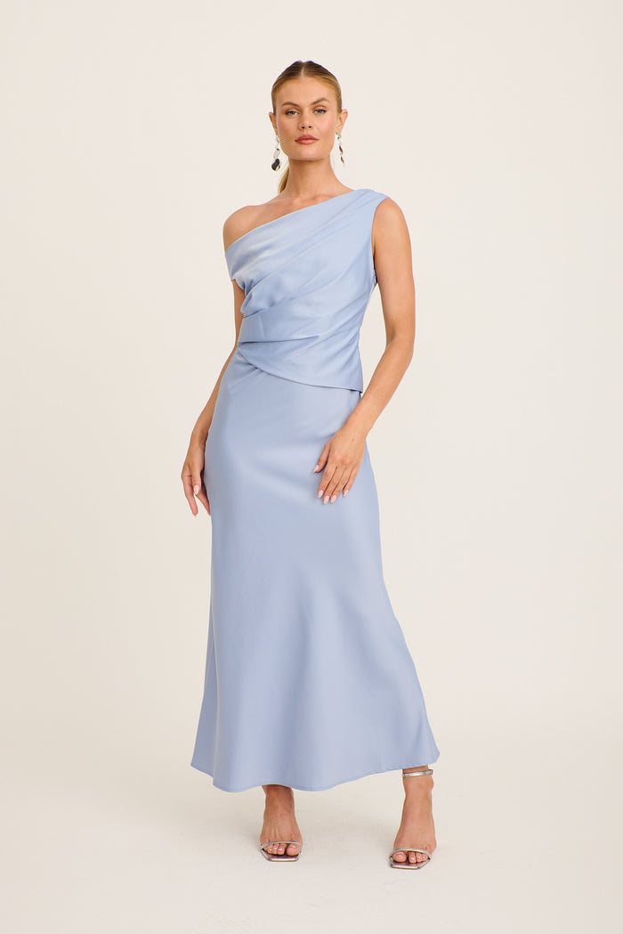 Rosé Nights One Shoulder Maxi Dress in Ice Blue Satin full length