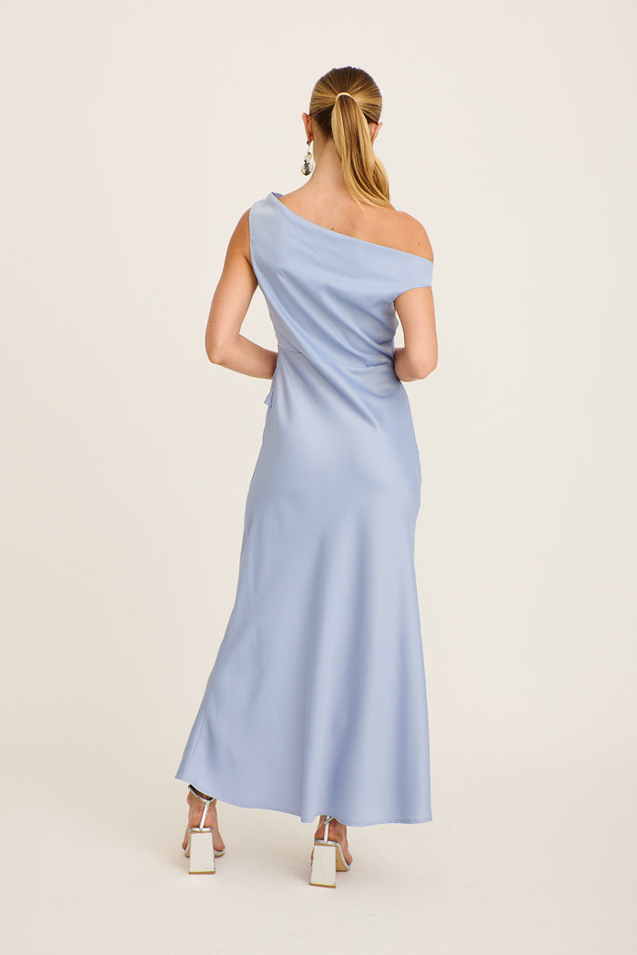 Rosé Nights One Shoulder Maxi Dress in Ice Blue Satin back