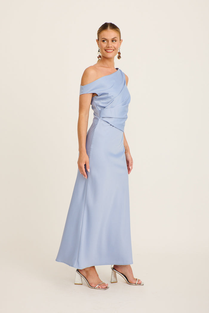 Rosé Nights One Shoulder Maxi Dress in Ice Blue Satin side