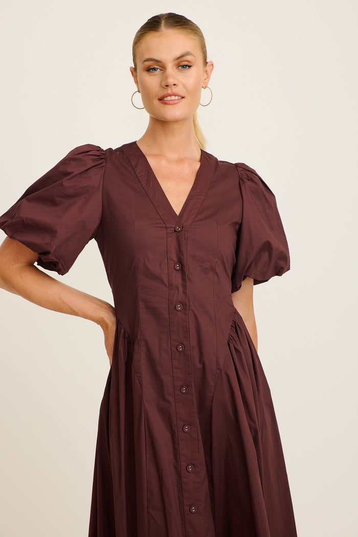 Marna Maxi Dress in Chocolate Cotton front