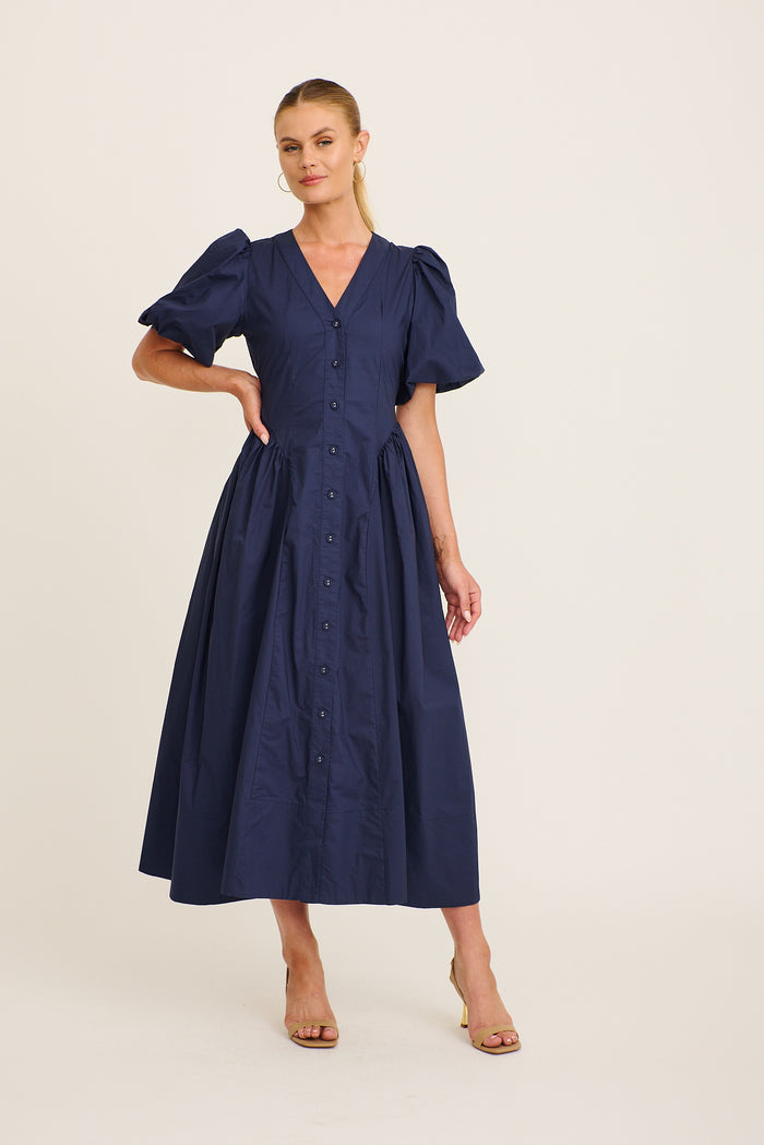 Marna Maxi Dress in Navy Cotton full length