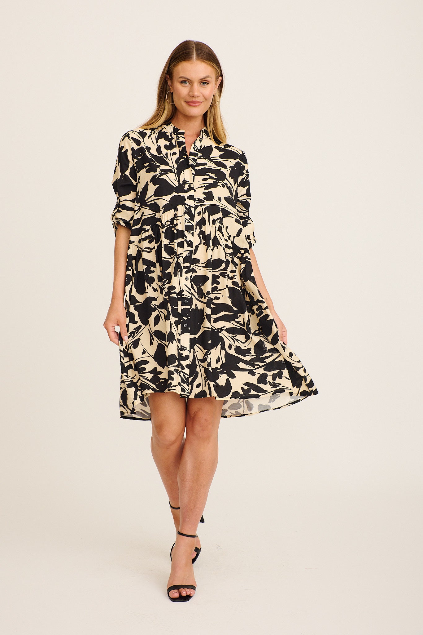 Mina Smock Dress in Black and Cream Print Linen Blend full length