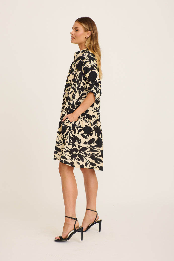 Mina Smock Dress in Black and Cream Print Linen Blend side