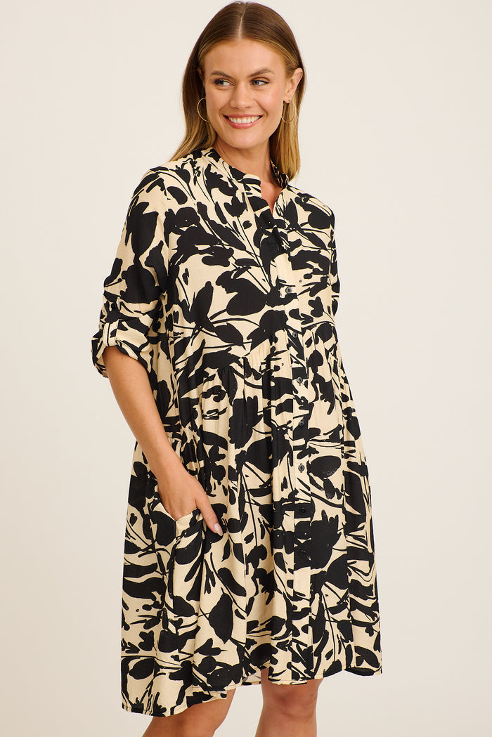 Mina Smock Dress in Black and Cream Print Linen Blend front