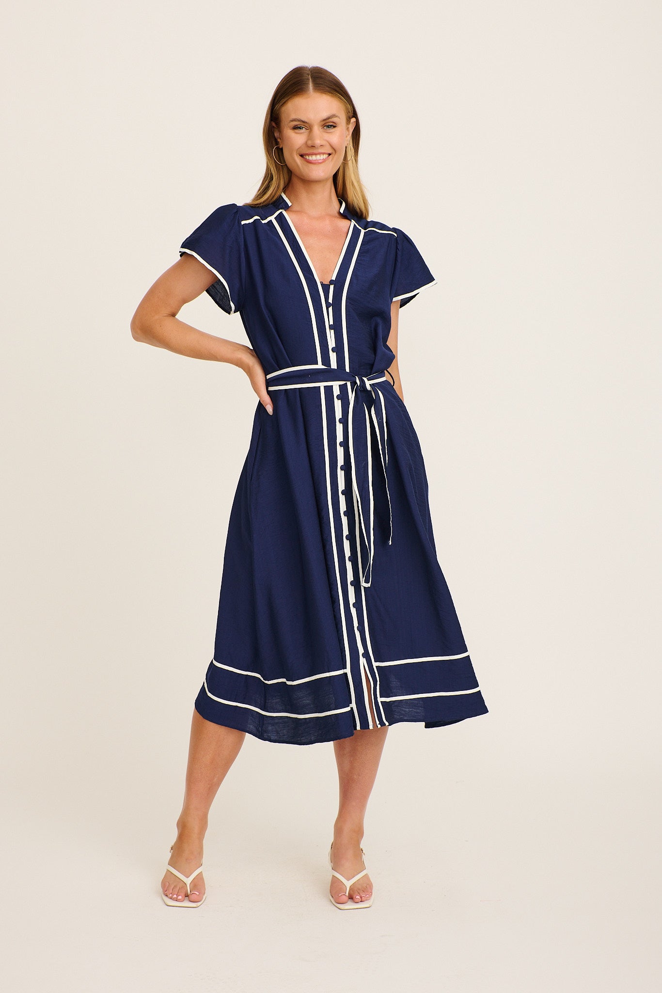Pristin Midi Dress in Navy Linen Blend full length