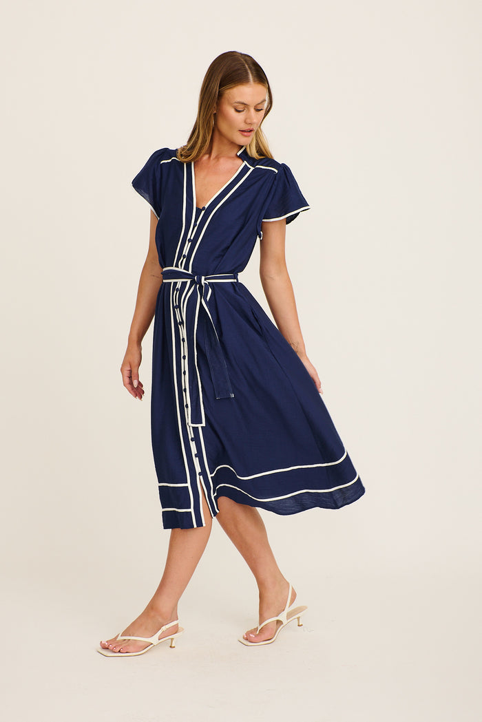 Pristin Midi Dress in Navy Linen Blend side