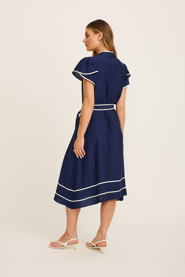Pristin Midi Dress in Navy Linen Blend back