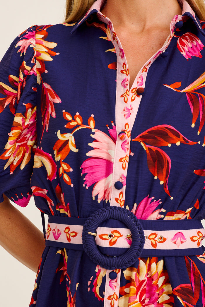 Soulful Shirt Dress in Navy with Pink Floral Linen Blend detail