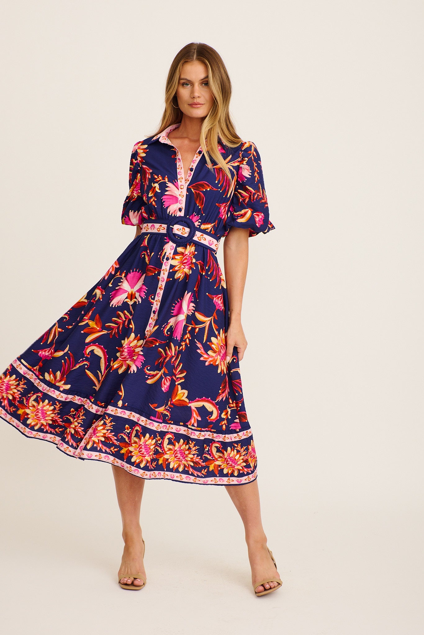 Hari Midi Shirt Dress in Navy with Pink Floral Linen Blend full length