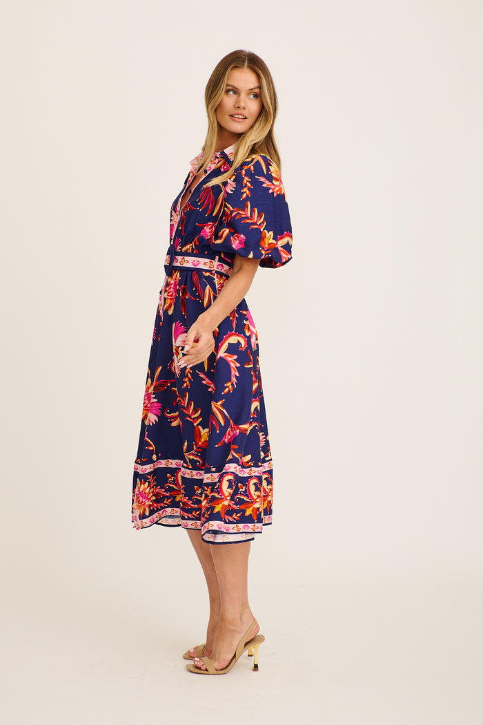 Hari Midi Shirt Dress in Navy with Pink Floral Linen Blend side