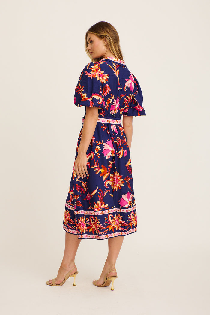 Hari Midi Shirt Dress in Navy with Pink Floral Linen Blend back
