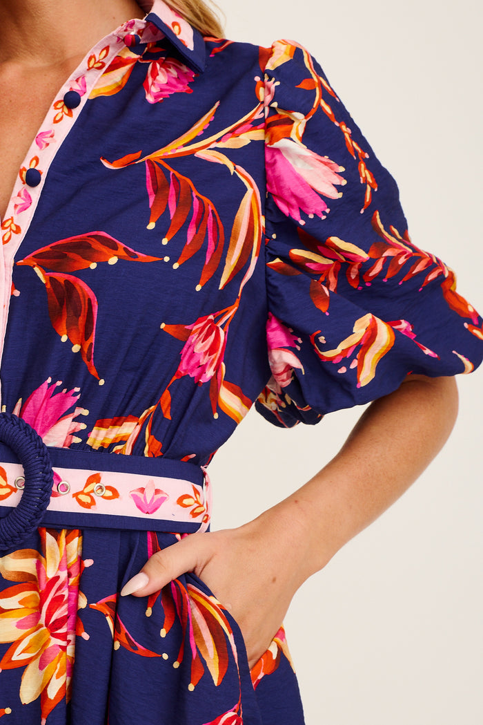 Hari Midi Shirt Dress in Navy with Pink Floral Linen Blend detail