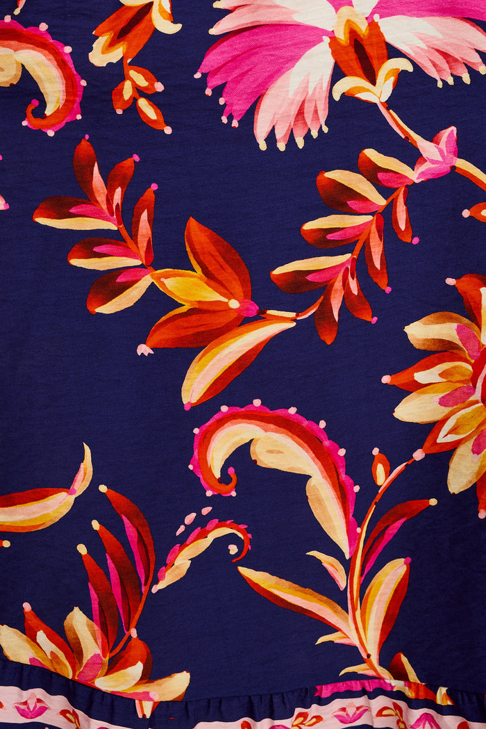 Hari Midi Shirt Dress in Navy with Pink Floral Linen Blend fabric