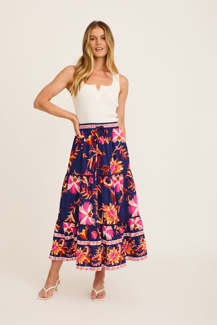 Elris Maxi Skirt in Navy with Pink Floral Linen Blend full length