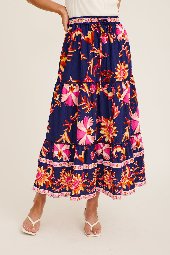 Elris Maxi Skirt in Navy with Pink Floral Linen Blend front