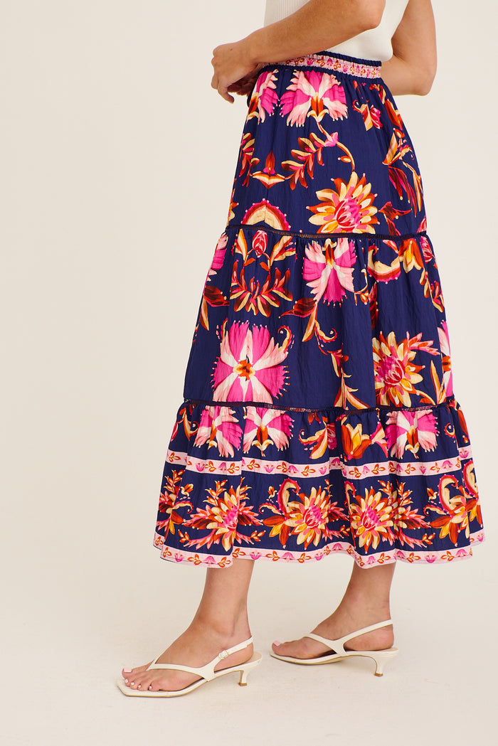 Elris Maxi Skirt in Navy with Pink Floral Linen Blend side