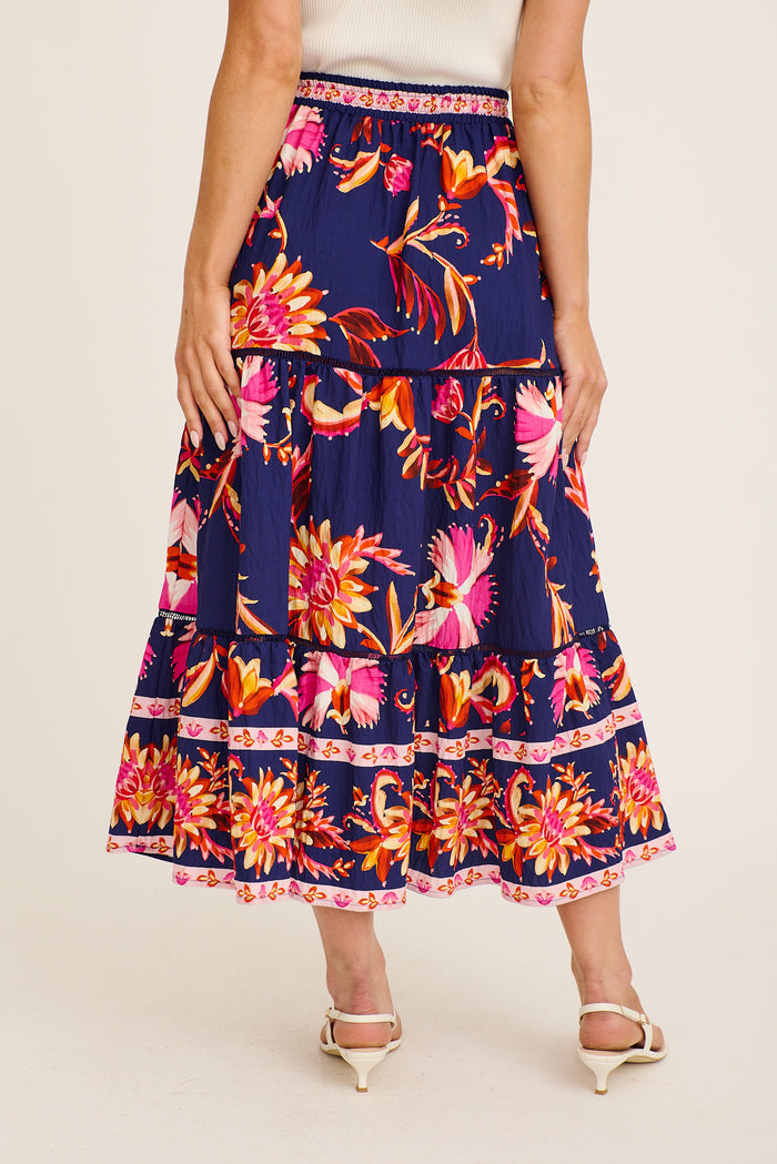 Elris Maxi Skirt in Navy with Pink Floral Linen Blend back