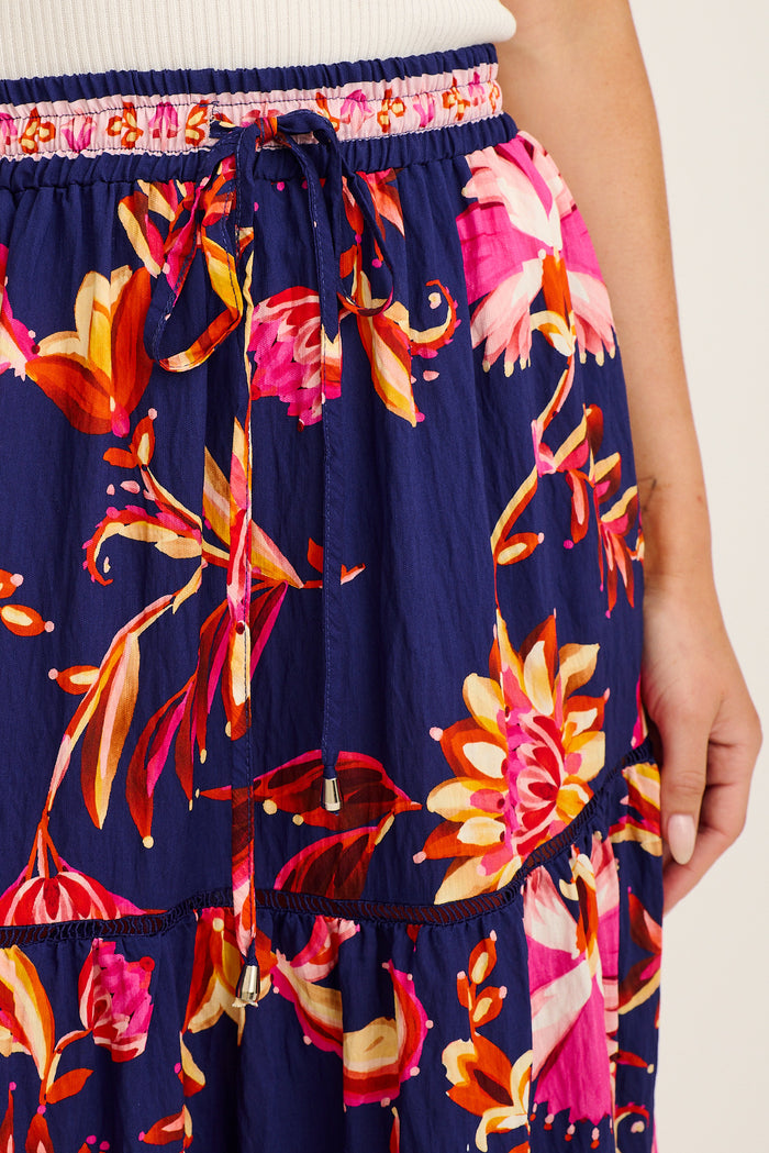 Elris Maxi Skirt in Navy with Pink Floral Linen Blend detail