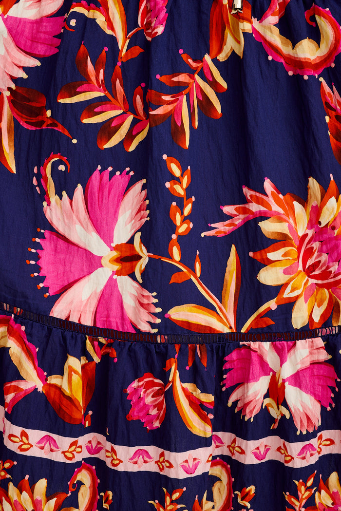 Elris Maxi Skirt in Navy with Pink Floral Linen Blend fabric