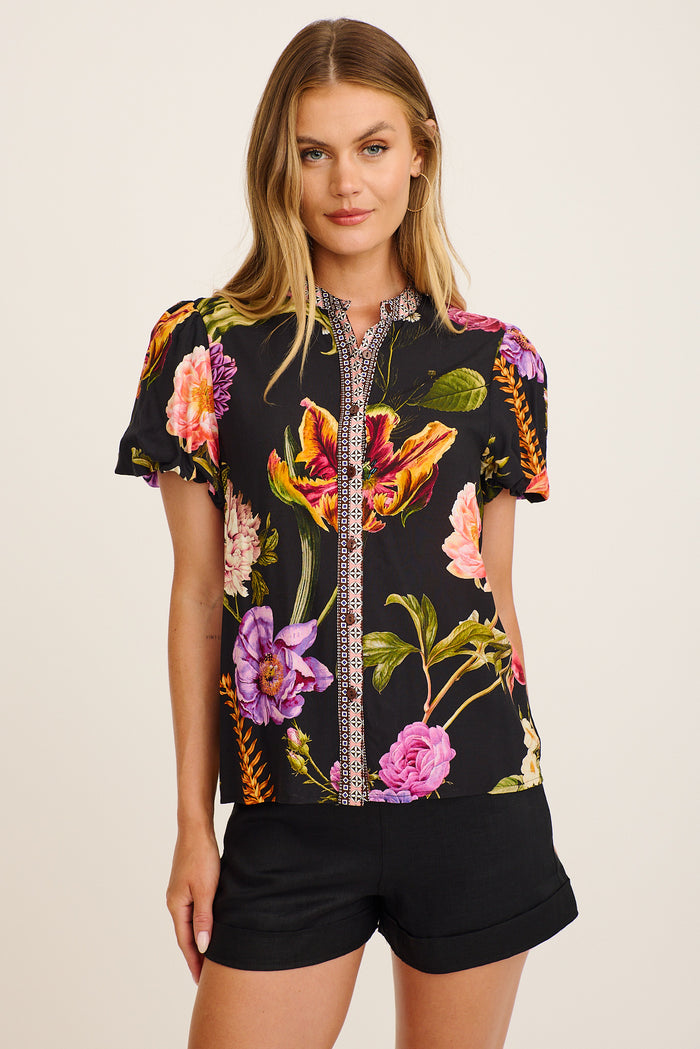 Twilight Luxe Top in Black with Multi Floral front
